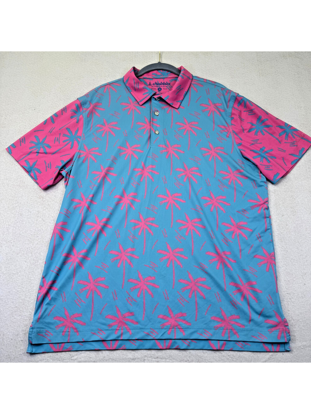 Chubbies Golf Polo Shirt Men's Size Medium Pink Blue Palm Tree Print Preppy